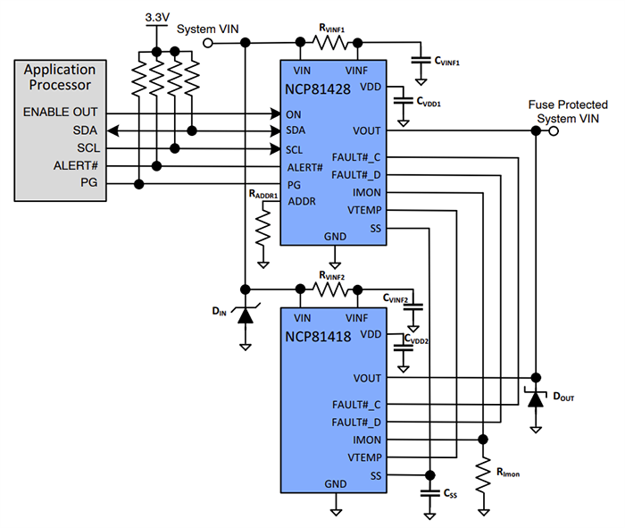 Application Circuit Diagram - onsemi NCP81418 Hot Swap Slave-Only Smart Fuse